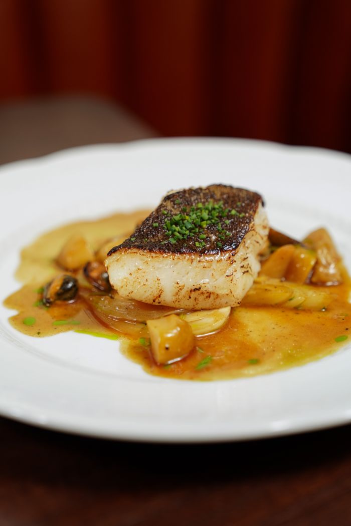 services-03 Pan-seared fish on a white plate with garnish in a fine dining setting.